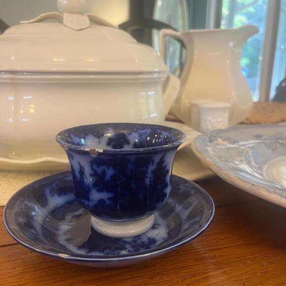 Antique‎ Temple Blue Flow Ironstone Cup And Saucer handleless Aged 1800s - Picture 7 of 9